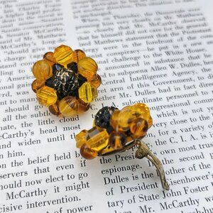 Vintage 1950s Western Germany Beaded Clip-On Earrings, Amber Tone Cluster Style